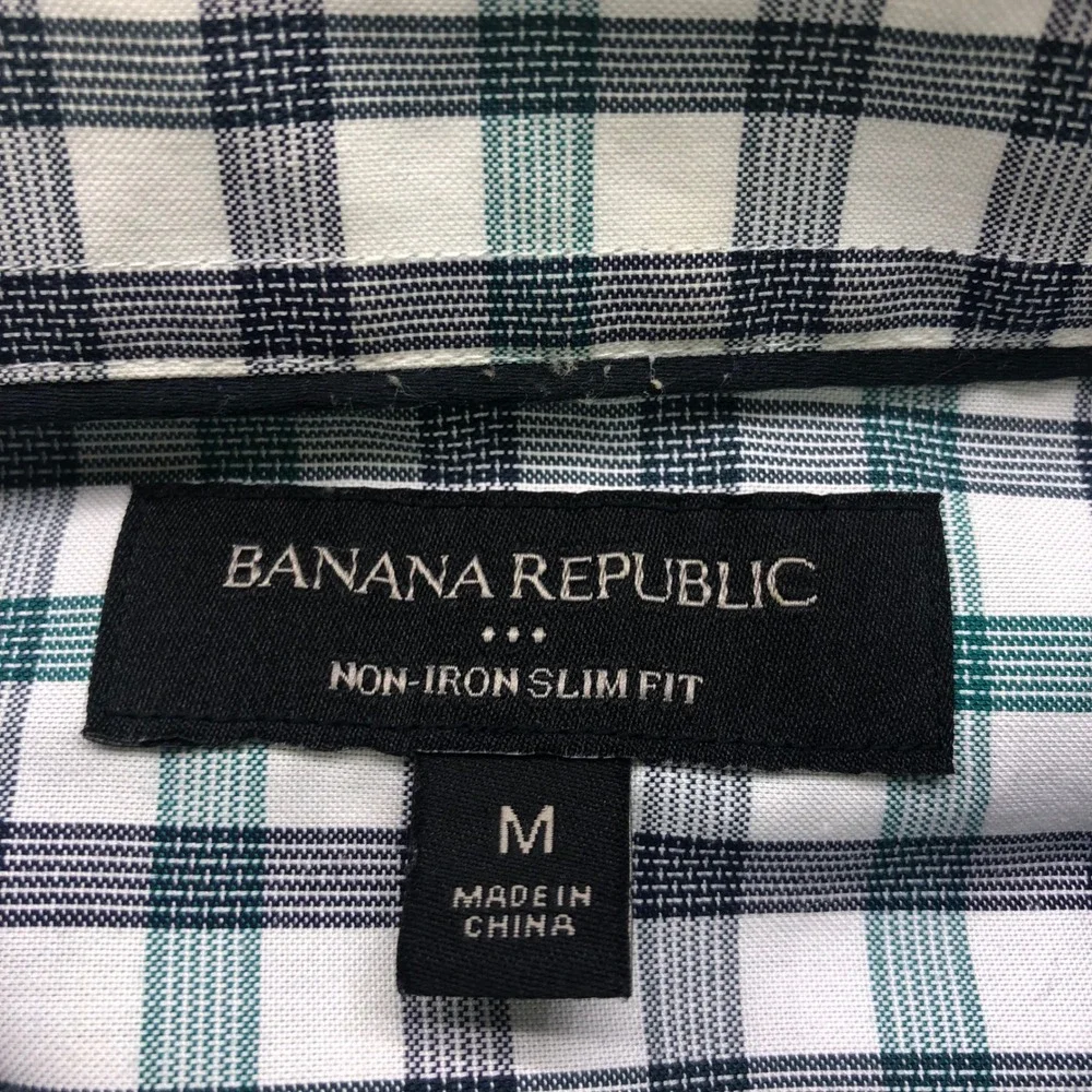 Banana Republic Mens Size Medium Slim Fit Plaid Button Down Shirt Teal Navy Blue